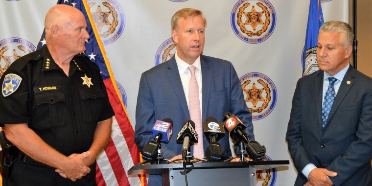 Senator Jacobs is pictured making an announcement of $400,000 he secured to support the expansion of the jail-based substance use treatment program in Erie County. With the Senator are (L) Erie County Sheriff Timothy Howard and (R) Erie County Mental Health Commissioner Michael Ranney.