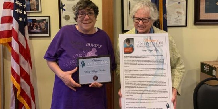 Senator Toby Ann Stavisky (right) and 2021 Woman of Distinction Mary Maggio Fischer