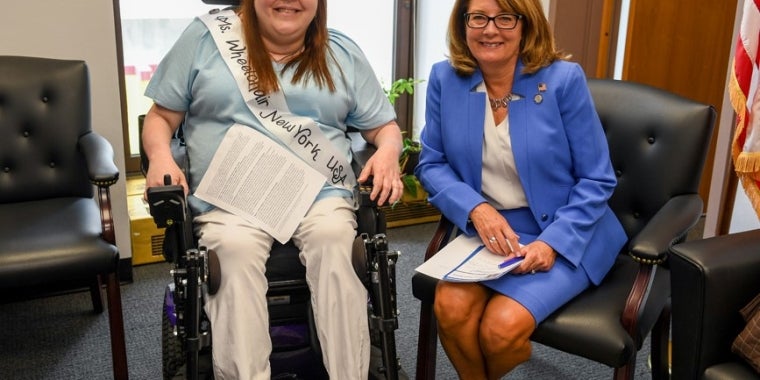 Michelle Fridley, a Canandaigua resident and Ms. Wheelchair New York USA, meets with Senator Helming in her Albany Office to discuss issues related to people with disabilities on behalf of the Center for Disability Rights.