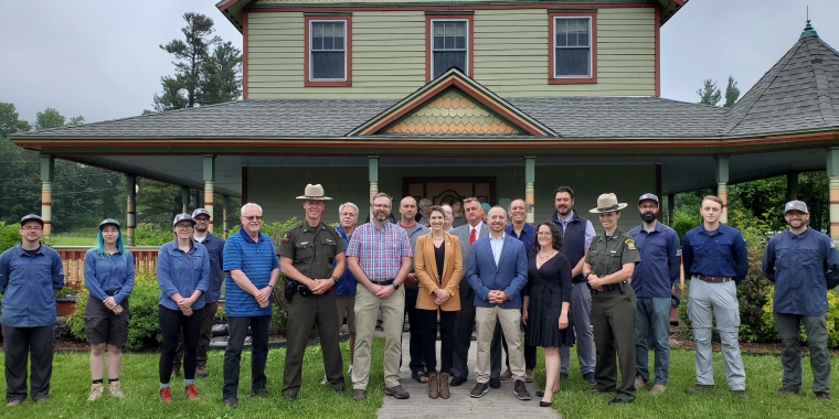 Senator Hinchey announces Catskill Park funding at the Mountain Top Historical Society on June 14, 2021, alongside DEC Commissioner, local leaders, Catskill Park Stewards, Forest Rangers, and representatives from Catskill Center and Catskill Mountainkeeper.
