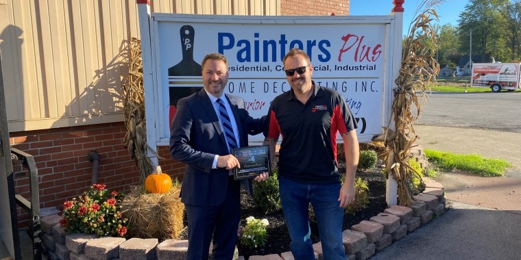 Sen. Rob Ortt recognizes Painters Plus Home Decorating with the SD62 Small Business of the Month Award. (L-R: Sen. Rob Ortt, Jesse Gooch, Owner of Painters Plus)