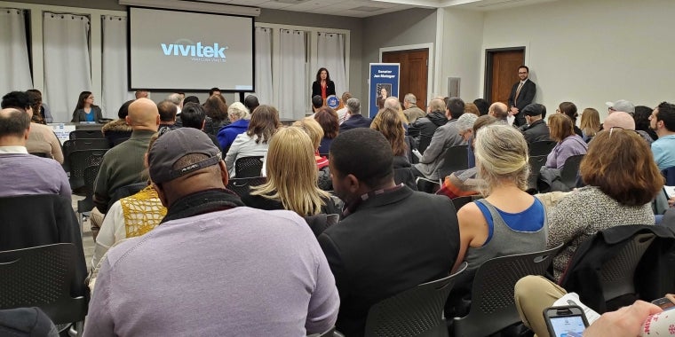 Senator Jen Metzger (SD-42) delivers opening remarks at the Orange County Small Business Forum on Tuesday, November 19, in Goshen.