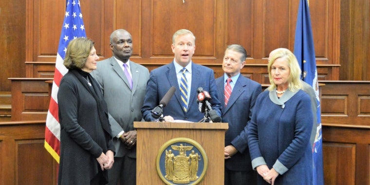 NFJC President Lana Benatovich, NFJC Incoming Board Chair Bernard Tolbert, State Senator Chris Jacobs, State Senator Patrick Gallivan, First Time Last Time Program Director Susan Croglio.