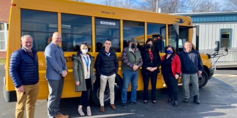 Senator Serino is pictured above with Dave Spittal, Director of Operations and Transportation; Dr. Jeremy Luft, Superintendent; Jennifer Picco, Putnam Valley Elementary School Assistant Principal; Dave Kantrowitz, Director of Physical Education, Athletics, and Health Services; Putnam Valley Town Supervisor Sam Oliverio, Jackie Annabi, and Head School Bus Driver Mike Koenig.