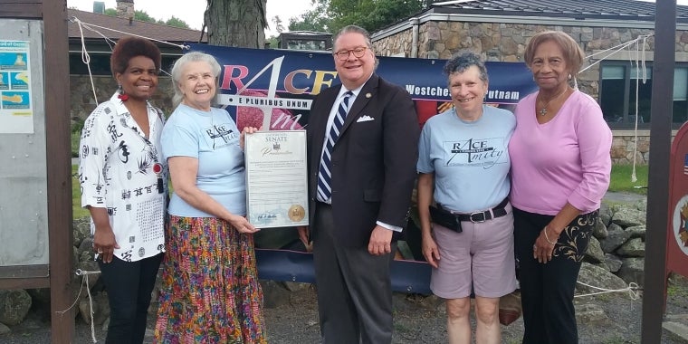 Sen. Harckham with (left to right) Charmaine Aleony, Susan Cody, Judyth Stavans and Nola Blair from the Race Amity of Northern Westchester and Putnam steering committee.