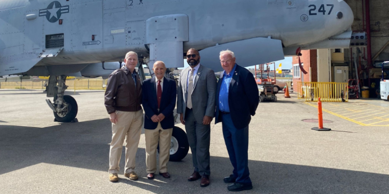 Left to right: Jeff Clyman, founder and president of the American Airpower Museum; World War II veteran and U.S. Navy radioman first class Salvatore Citrano; New York State Senator Kevin Thomas, and New York State Senator John Brooks in front of the museum’s A-10 "Warthog" jet aircraft. Photo Credit: Office of Senator Kevin Thomas