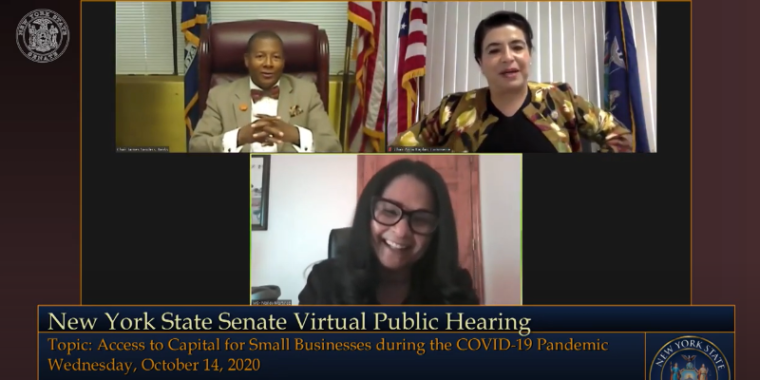 Senator James Sanders Jr. and Senator Anna Kaplan hosted a joint hearing to hear from merchants on how the COVID-19 pandemic is affecting their businesses. Among those providing testimony was Nancy Martinez, Chair of the Board of Directors of REMA4US (Rockaway East Merchants Association 4 United Synergy).