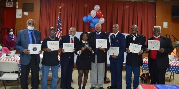 Senator Sanders presented each of the veterans at the Brooks Senior Center with a certificate of recognition for their service to our country and community leader, April Jones, center, received a commendation award, for her outstanding work helping veterans.