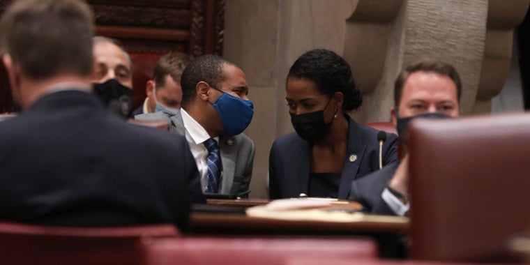 Senator Brouk Pictured Working with Senator Brisport During the Extraordinary Session