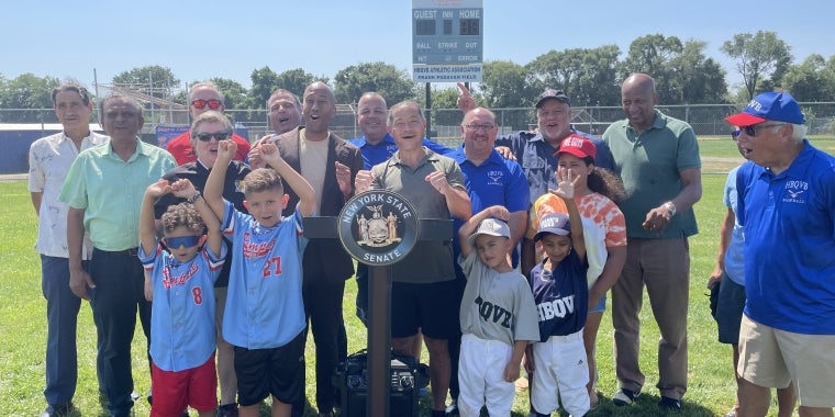 Photo caption: Senator Liu and Assembly Member Vanel with representatives from Hollis-Bellaire-Queens Village Athletic Association, Inc. (HBQVBAA), DAC Athletic Club Marksmen Team Sports, Queensborough United Youth SC, Floral Park-Bellerose Indian Merchant's Association, GOALS - Girls Softball, Community Board 13, and New Greater Bethel Ministries.