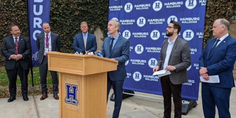 From left: Ken-Ton Superintendent Sabatino Cimato, Hamburg Superintendent Mike Cornell, Frontier Superintendent Christopher Swiatek, Senator Sean Ryan, Assemblymember Jon Rivera, Assemblymember Bill Conrad, May 6, 2022