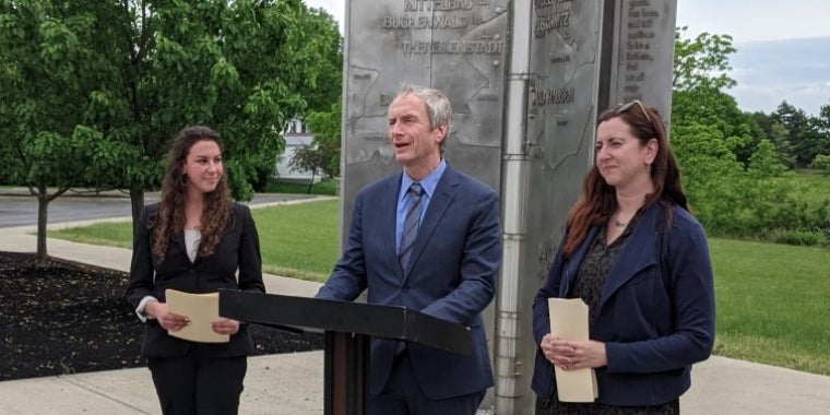 From left: Elizabeth Schram, Director - Holocaust Resource Center of Buffalo, Senator Sean Ryan, Assemblymember Nily Rozic, June 3, 2021