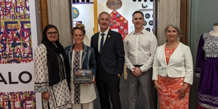 From left: Munawara Sultana (Stitch Buffalo), Dawne Hoeg (Stitch Buffalo), Senator Sean Ryan, Anthony Greco (Buffalo History Museum), Joann Tomasulo (Stitch Buffalo), July 15, 2022