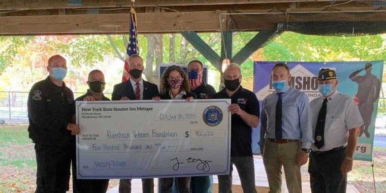 (Left to right: Greenwood Lake Mayor Jesse Dwyer, Assemblyman Karl Brabenec, Rep. Sean Patrick Maloney, Senator Jen Metzger, Rumshock Board President Bill Whetsel, Rumshock Board VP Frank Messina, Director of the Orange County Veterans Services Agency Christian Farrell, and Greenwood Lake American Legion Arthur Finnegan Post 1443 Commander Tom Mulcahy.
