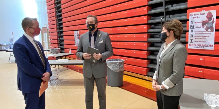 Senator Peter Oberacker tours the SUNY Oneonta COVID-19 testing center at Alumni Field House. From left, Acting President Dennis Craig, Senator Oberacker, SUNY Oneonta Director of Athletics Tracey Ranieri who is serving as testing center coordinator.