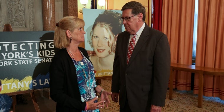 Senator Seward talks with Dale Driscoll following a senate press conference in support of Brittany’s Law.  Dale Driscoll’s daughter Helen Buchel and granddaughter Brittany Passalacqua were murdered in 2009 by a violent convicted felon, prompting the creation of Brittany’s Law.