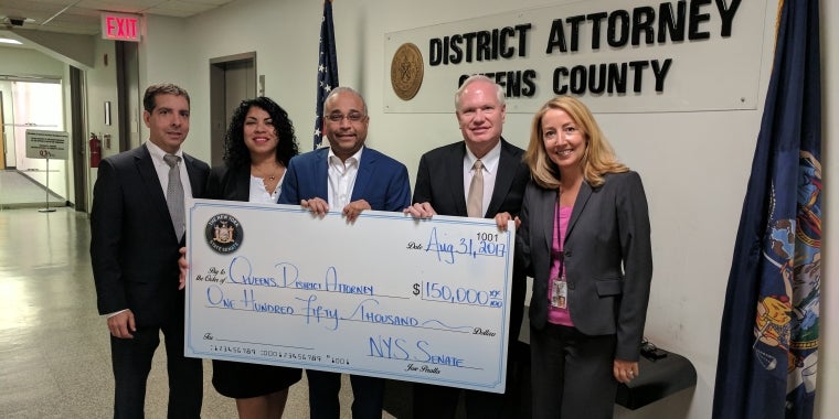 Photo (l.-r.): Assistant District Attorneys Kenneth Applebaum, Chief of the Queens D.A.'s Special Victims Bureau, and Carmencita Gutierrez, Director Queens D.A's Office of Immigrant Affairs; Senators Jose Peralta and Tony Avella; and Assistant District Attorney Kirsten Kane, Chief of the Queens D.A.'s Elder Fraud Unit.