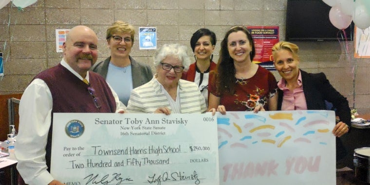 Senator Toby Ann Stavisky and Assemblywoman Nily Rozic present state funding to Townsend Harris High School Principle Brian Condon.