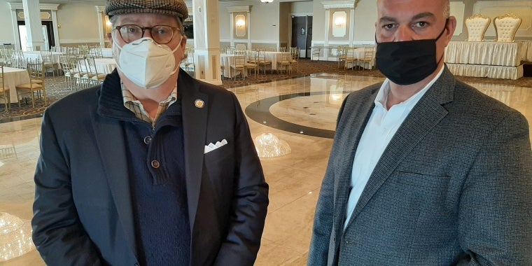 Sen. Pete Harckham with Nick Crecco, co-owner of Villa Barone Hilltop Manor in Mahopac with his brother John Crecco, in the empty ballroom at the villa.