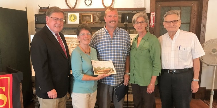 Senator James L. Seward announces a $50,000 state grant to help fund development of the Middletown History Center.  From left, Senator Seward,  Historical Society of the Town of Middletown (HSM) President Diane Galusha, Town of Middletown Supervisor Patrick Davis, Village of Margaretville Mayor Diana Cope, Village of Fleischmanns Mayor Donald Kearney.