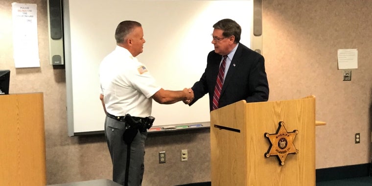 Senator Seward (right) congratulates Delaware County Sheriff Craig DuMond after announcing a $25,000 state grant to help cover costs associated with a new investigator’s vehicle within the department’s Drug Enforcement Unit.