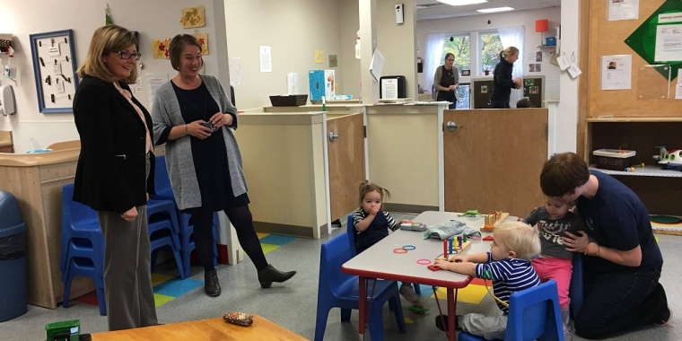 Senator Pam Helming visits a classroom of children at Expressive Beginnings Child Care in Webster with Director Kelly Guidice during a tour on Monday, Nov. 6.