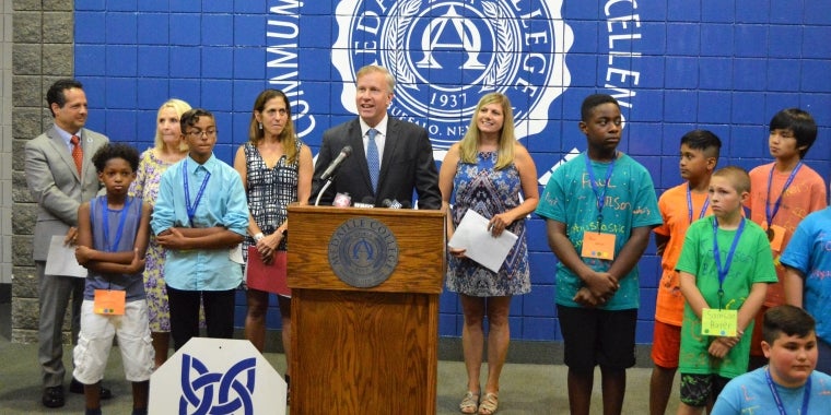 Pictured with Senator Jacobs announcing $50,000 to support the launch of the High School Student Ambassador program in the Buffalo Public Schools are from left to right – Dr. Will Keresztes, BPS Chief of Intergovernmental Affairs, Planning, and Community Engagement; Beth Anzalone, Executive Director, WNY United Against Drug & Alcohol Abuse; Roberta Rifkin, Senior Vice President, Government Affairs & Strategic Partnerships, Independent Health; Carrie Meyer, President, Independent Health Foundation, and student participants in the Leadership in Training program.