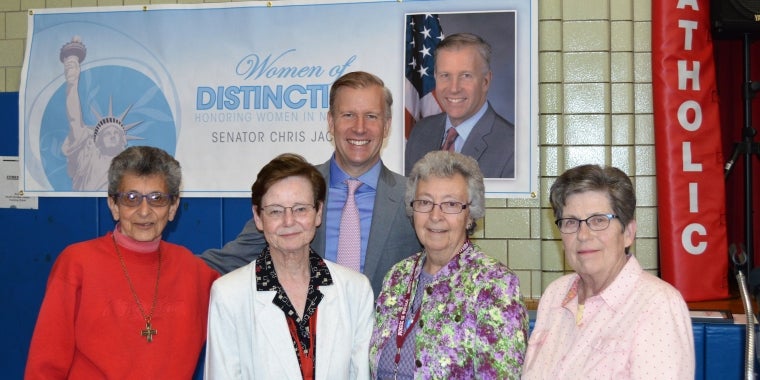 L-R: Sr. Bea Manzella, SSJ, Sr. Gail Glenn, SSJ, Woman Of Distinction honoree, Senator Chris Jacobs, Sr. Carol Cimino, SSJ Superintendent of Catholic Schools for the diocese, Sr. Patrice Ryan, SSJ