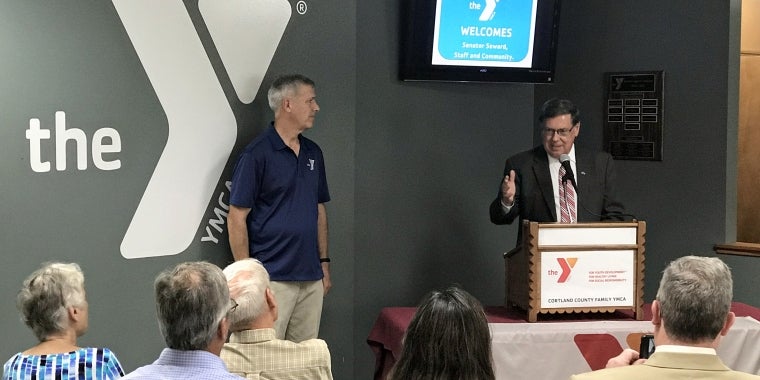 Senator Seward announces a $150,00 state grant he secured to fund capital improvements at the Cortland YMCA. Senator Seward is joined by YMCA of Cortland Executive Director David Hamilton for the announcement.