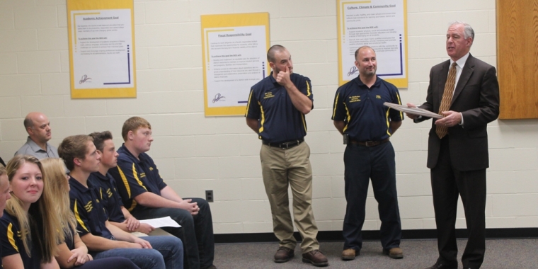 Senator Ranzenhofer talks to students about the importance of agriculture education during a board meeting at Oakfield-Alabama School District.