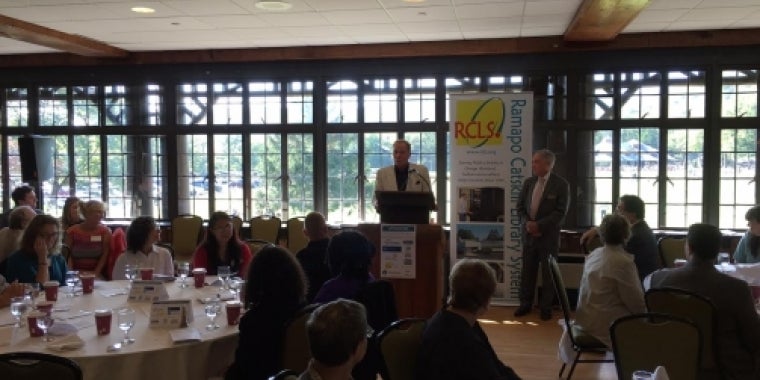 Senator Bonacic speaks at the Ramapo Catskill Library System’s Annual Breakfast (RCLS). Senator Bonacic is standing next to David Zuckerberg, President of the RCLS Board of Trustees.