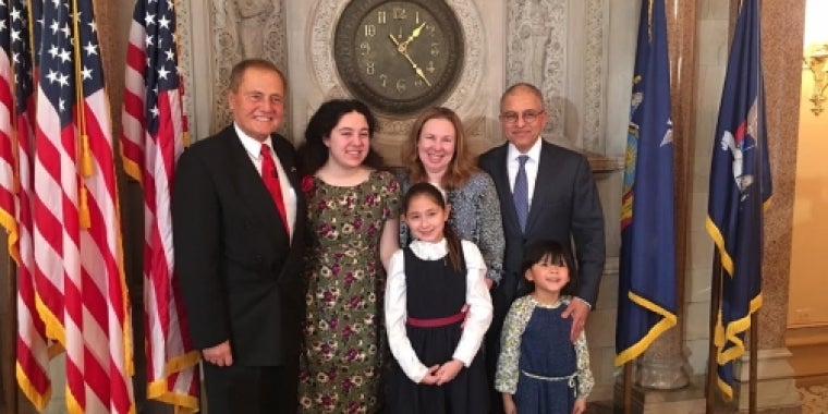 Senator Bonacic is pictured with Rowan Wilson and his family. Pictured L-R is his daughter Isabel, his daughter Anna, his wife Grace, and his youngest daughter Elinor.