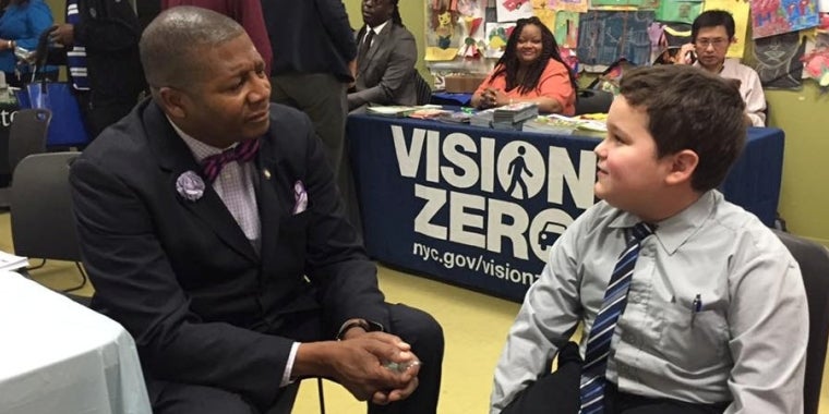 Senator Sanders meets with Nicholas Henriquez, 9, of South Richmond Hill, who was concerned about bullying in school, and helping his fellow students.