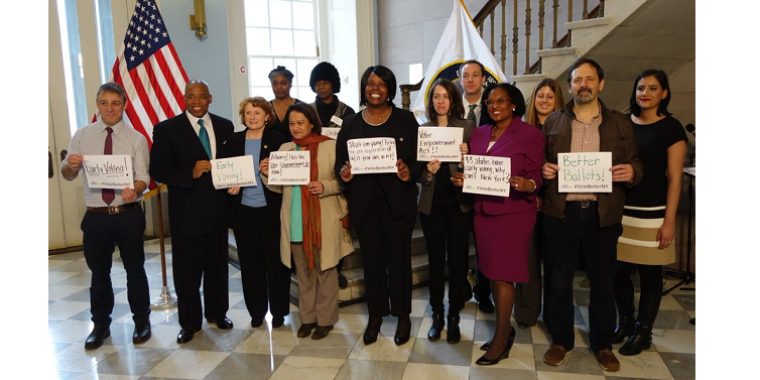 Meeting with colleagues and advocates at Brooklyn Borough Hall in support of a NY voting reform agenda (April 8, 2016).