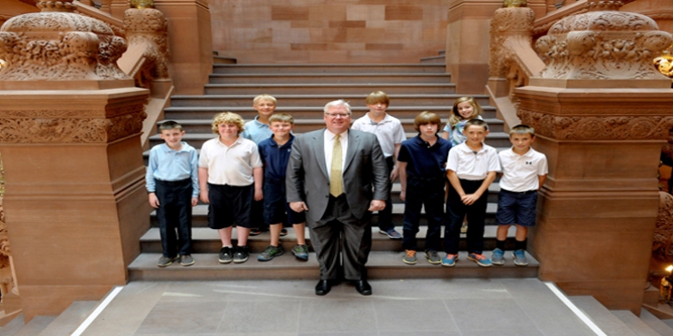 Senator O'Mara and the St. Michael School fifth graders on the historic "Million Dollar Staircase" in the State Capitol.