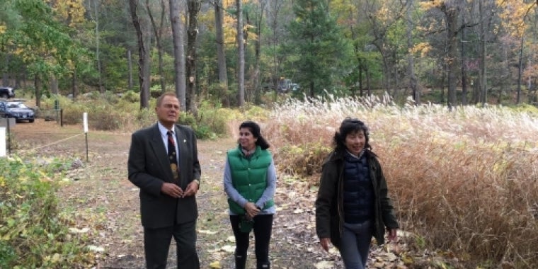 Senator Bonacic tours the Tuxedo Park Nature Preserve with (L-R), Tuxedo Park Mayor Mary Jo Guinchard, and Tuxedo Park resident Chiu-Yin Hempel.