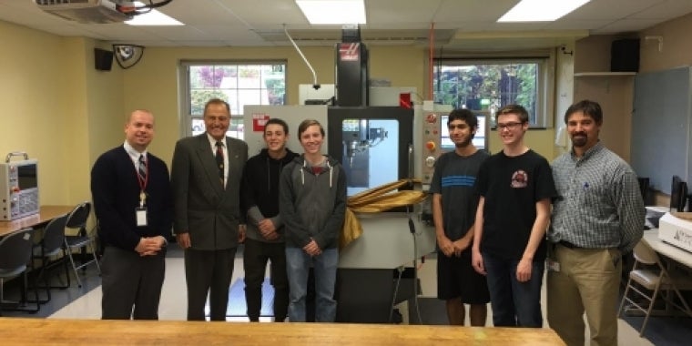 Senator Bonacic is pictured in front of the Mini Haas Machine with Tuxedo STEM Academy students. To the far left is Principal Jason Schrammel, and to the far right is STEM Leader Marco Margotta