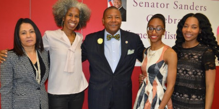 Senator Sanders joins guest speakers Nancy Martinez, owner and director of New York Training School LLC, left, Erica Ford, Founder & CEO of LIFE Camp, Inc., Silaka Cox of the Rockaway Youth Task Force, and Dianna Blount, founder of Beautiful Butterflies Inc.