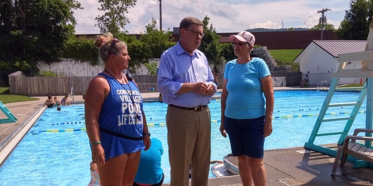 Senator James L. Seward announces a $100,000 state grant to help fund repairs at the Cobleskill Village Pool in Iorio Park.  From left, Pool Manager Julie Mullaney, Senator Seward, Mayor Linda Holmes.