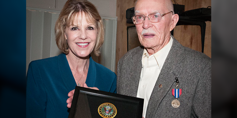 Senator Young presents PFC Monroe with medals recognizing his service to our nation.